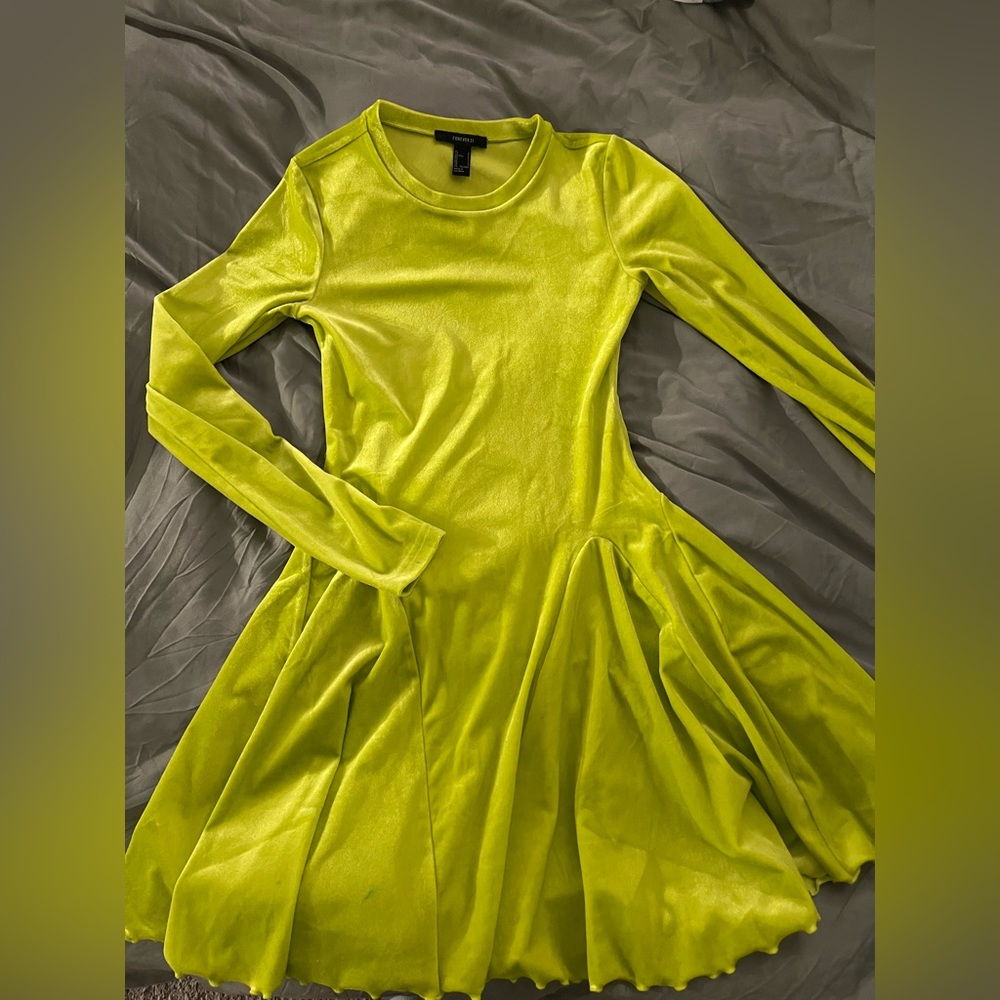Forever 21 neon lime green velvet fit and flare dress